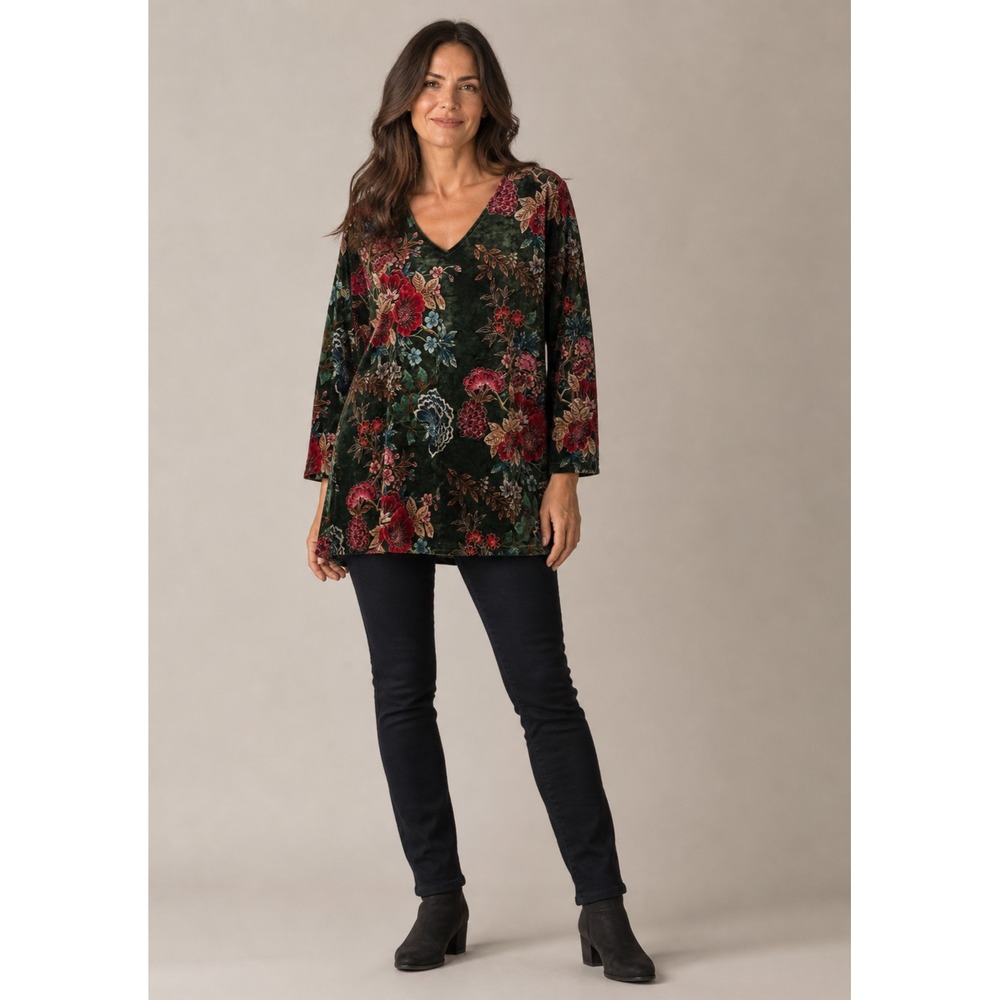 Calessa Forest Fairyā Velvet Boho Hippie Shirt Womens Medium Green Floral Print